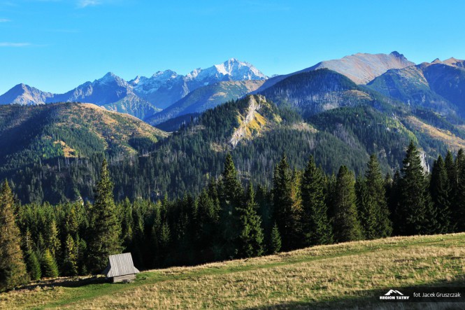 Gęsia Szyja szlak z Rusinowej Polany i widok na Tatry Wysokie pierwszy od lewej Jagnięcy Szczyt